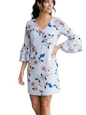 Japna Floral Stripe Tiered Ruffle Sleeve Mini Dress